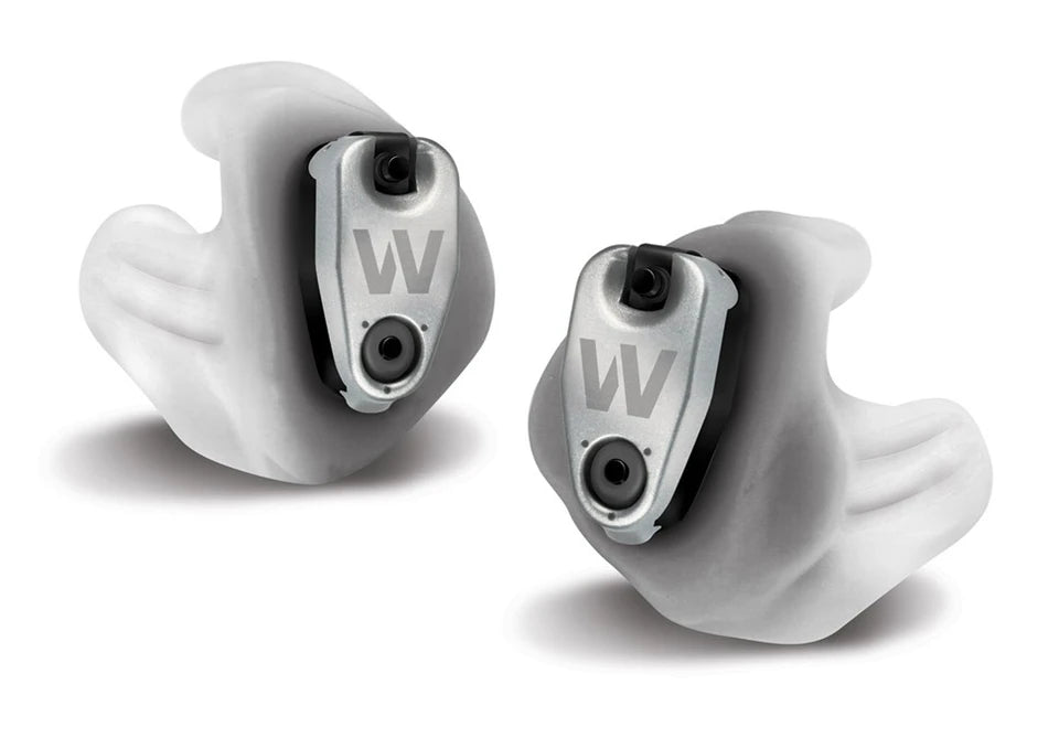 DefendEar DX1 custom electronic shooting earplugs, pair of custom-fit earmolds with silver metallic battery doors
