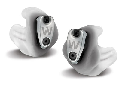 DefendEar DX1 custom electronic shooting earplugs, pair of custom-fit earmolds with silver metallic battery doors
