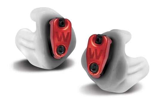 DefendEar DX3 custom electronic shooting earplugs, pair of custom-fit earmolds with red metallic battery doors